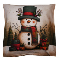Weihnachtliches Gobelin-Dekokissen mit gewebtem Schneemann-Motiv und Vögeln auf hellem Grund freigestellt.