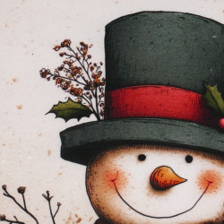 Detailaufnahme des Gobelinstoffs: Hochwertig gewebtes Muster eines Schneemanns mit rotem Schal und Zylinder.