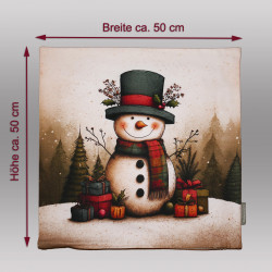 Kissenbezug mit Schneemann-Motiv und Maßangaben von ca. 50x50 cm für die passende Kissenfüllung.
