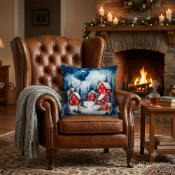 Dekokissen mit Winterdorf-Motiv im gemühtlichen Wohnzimmer auf braunem Sessel neben einer Kuscheldecke.