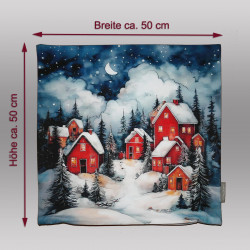 Kissenbezug mit Winterdorf-Motiv und Maßangaben von ca. 50x50 cm für passende Kissenfüllungen.