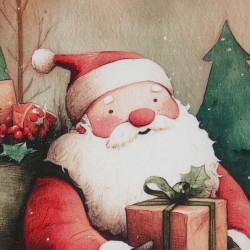 Detailaufnahme des Baumwollstoffs: Hochwertig gewebtes Motiv eines lächelnden Weihnachtsmanns mit Geschenk.