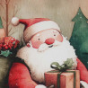 Detailaufnahme des Baumwollstoffs: Hochwertig gewebtes Motiv eines lächelnden Weihnachtsmanns mit Geschenk.
