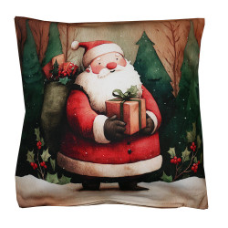 Quadratisches Baumwoll-Dekokissen mit bunt gewebtem Weihnachtsmann-Motiv auf hellem Grund freigestellt.