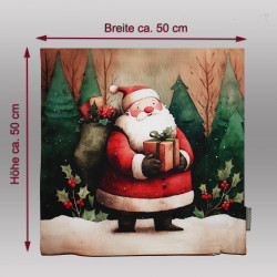 Kissenbezug mit Weihnachtsmann-Motiv und Maßen von ca. 50x50 cm für die passende Kissenfüllung.