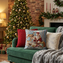Gobelin-Dekokissen und Kunstfelldecke im weihnachtlichen Wohnzimmer auf tannengrünem Samtsofa.