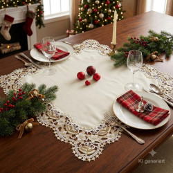 Festlich gedeckter Holztisch im Wohnzimmer mit einer edlen Weihnachtstischdecke aus Plauener Spitze und Glocken-Motiv.