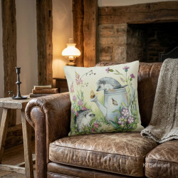 Gemütliches Leder-Sofa im Landhaus-Stil mit verspieltem Igelpaar-Dekokissen aus robustem Gobelin-Webstoff.