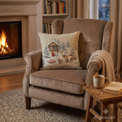 Gemütliches Wohnzimmer mit Kamin, Sessel und weihnachtlichem Rentier-Dekokissen aus hochwertigem Gobelinstoff.
