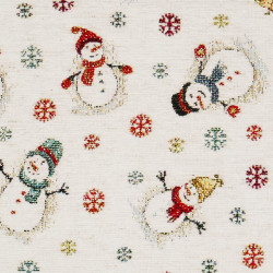 Detailansicht des Heimtextil-Stoffs: Feines Muster mit kleinen Schneemännern und bunten Schneeflocken.