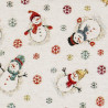 Detailansicht des Heimtextil-Stoffs: Feines Muster mit kleinen Schneemännern und bunten Schneeflocken.