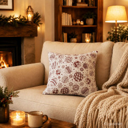Gobelin-Dekokissen mit altrosa Weihnachtskugeln im gemütlichen Wohnzimmer-Ambiente.