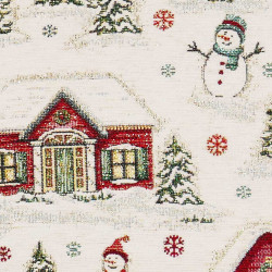 Detailaufnahme der Gobelin-Kissenhülle mit glitzernden Schneemännern, Häusern und Tannenbäumen.