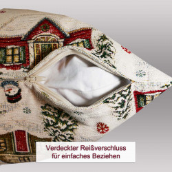 Gobelin-Kissenhülle mit winterlichem Muster und verdecktem Reißverschluss an der Unterseite.