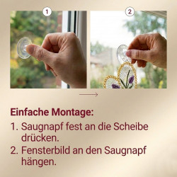 Anleitung zur einfachen Fensterbild-Montage mit Saugnaepfen am Fenster als Heimtextil-Zubehoer.