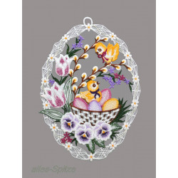 Ovales Plauener Spitze Fensterbild Osterkorb mit Küken, Stiefmütterchen und Tulpen als Ostern Heimtextilien Deko.