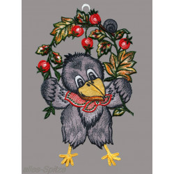 Plauener Spitze Fensterbild Rabe mit Vogelbeeren-Aste als farbenfrohe Herbst Heimtextilien Fensterdeko.