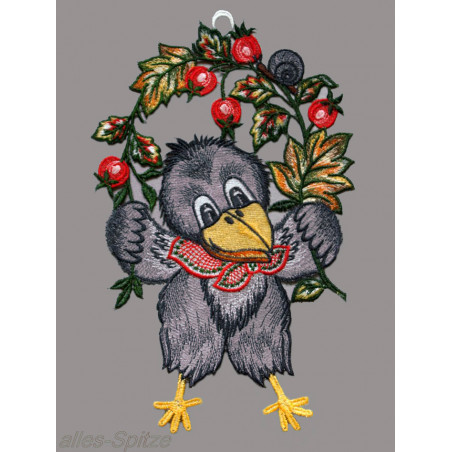 Plauener Spitze Fensterbild Rabe mit Vogelbeeren-Aste als farbenfrohe Herbst Heimtextilien Fensterdeko.
