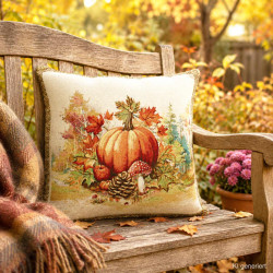 Herbstliches Gobelin-Dekokissen mit Kürbis-Motiv auf einer Holzbank im Garten für stimmungsvolle Heimtextilien-Deko.