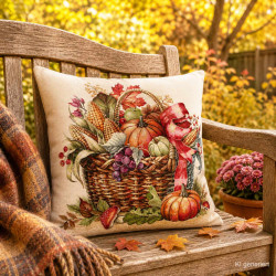 Herbstliches Gobelin-Dekokissen mit Erntekorb-Motiv auf einer Holzbank im Garten für gemütliche Heimtextilien.