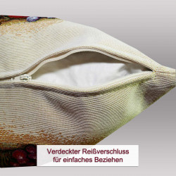Unterseite des Kissenbezugs aus Gobelin-Stoff mit verdecktem Reißverschluss für einfaches Beziehen.