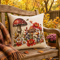 Herbstliches Gobelin-Dekokissen mit Pilz- und Blumenmotiv auf einer Holzbank im Garten platziert.