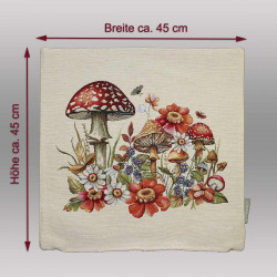 Quadratisches Dekokissen mit Pilz- und Blumen-Gobelinmotiv und Maßen 45x45 cm für Herbstdeko.