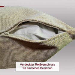 Unterseite des Kissenbezugs aus Gobelin-Stoff mit verdecktem Reißverschluss für leichtes Beziehen.