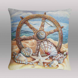 Hochwertiges Gobelin-Dekokissen mit maritimen Motiven wie Steuerrad und Muscheln auf grauem Grund.