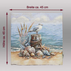 Quadratisches Dekokissen mit Möwen-Gobelinmotiv und Maßen 45x45 cm für maritime Heimtextilien.