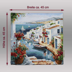Quadratisches Dekokissen mit Rhodos-Gobelinmotiv und Maßen 45x45 cm für mediterrane Heimtextilien.