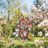 Fensterbild aus Plauener Spitze mit Hase und Küken am Fenster im scharfgestellten Gartenambiente.