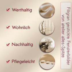 Produktvorteile für Fensterbilder aus filigran gestickter Fenster-Spitze übersichtlich mit Haken dargestellt.