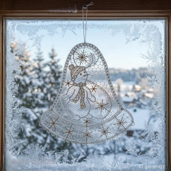 Festliche Plauener Spitze Weihnachtsdeko als Glocke mit Schneemann an verschneitem Fenster.