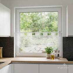 In der Küche dekoriert: Weiße Plauener Spitze Kurzgardine Suna am Fenster für modernes Landhaus-Ambiente.