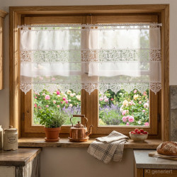 Im Küchenfenster dekoriert: Weiße Plauener Spitze Kurzgardine Leona für gemütliches Landhaus-Ambiente.