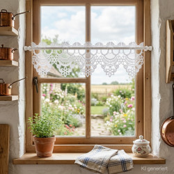 Im Küchenfenster dekoriert: Transparente Kurzgardine Marie aus weißer Plauener Spitze für Landhaus-Ambiente.