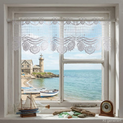 Im Fenster mit Meerblick dekoriert: Transparente Bistrogardine Muscheln aus weißer Plauener Spitze.