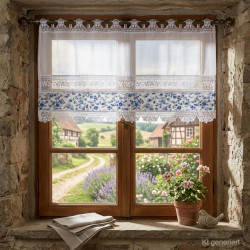 Im Küchenfenster dekoriert: Halbtransparente Kurzgardine Lisann aus Plauener Spitze für Landhaus-Ambiente.