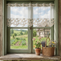 Im Landhaus-Fenster dekoriert: Halbtransparente Scheibengardine aus Plauener Spitze mit Mustern in Beige-Braun.