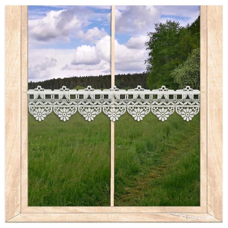 Am Fenster dekoriert: 10 cm hohe Scheibengardine aus naturweißer Plauener Spitze mit zartem Blumenmotiv.