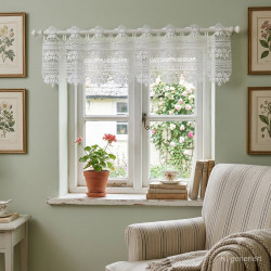 Im gemütlichen Wohnzimmer dekoriert: Weiße Scheibengardine aus Plauener Spitze am Fenster im Landhausstil. 15 cm hoch