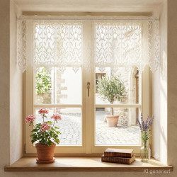 Scheibengardine aus Plauener Spitze als Sichtschutz am Fenster im gemütlichen Landhausstil.