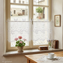Romantische Bistrogardine aus weißer Plauener Spitze am Holzfenster für stilvolle Deko im Esszimmer.