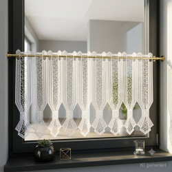 Weiße Scheibengardine aus Plauener Spitze stilvoll im modernen Fenster inszeniert.