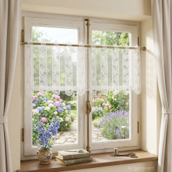 Elegante Plauener Spitze Scheibengardine am Holzfenster im gemütlichen Landhaus-Wohnzimmer dekoriert.