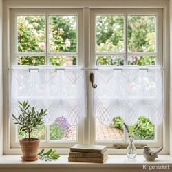 Weiße Scheibengardine aus Voile mit feiner Liniengrafik am Landhaus-Fenster mit Olivenbaum.