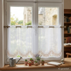 Mittellange Scheibengardine aus halbtransparentem Voile mit beige-rosefarbener Bogen-Stickerei am dekorierten Fenster.