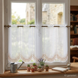Langer weißer Bistrovorhang aus Voile mit eleganter Bogenstickerei am Landhausfenster mit Pflanzen.