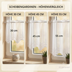 Höhenvergleich für weiße Scheibengardinen aus Plauener Spitze in 30 cm, 45 cm und 55 cm Höhe am Fenster.